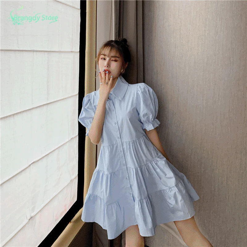 

2021 Fashion Women Korean Style Summer Dress Shirt Dress Everyday Aesthetic Clothes Fairy Dresses Harajuku Wholesale