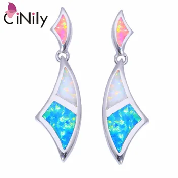 

CiNily Created Blue White Pink Fire Opal Silver Plated Wholesale for Women Jewelry Wedding Party Stud Earrings 1 1/4" OH2731