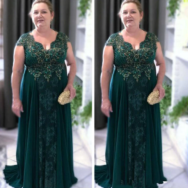 

Hunter Green Plus Size Mother Of Bride Dresses Lace Beaded Crystals Mother Dresses Chiffon Formal Evening Party Gowns