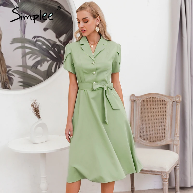 Simplee Streetwear ruffled women dress Solid lapel single breasted belt summer dress Casual short sleeve straight office dress Simplee Streetwear ruffled women dress Solid lapel single breasted belt summer dress Casual short sleeve straight office dress