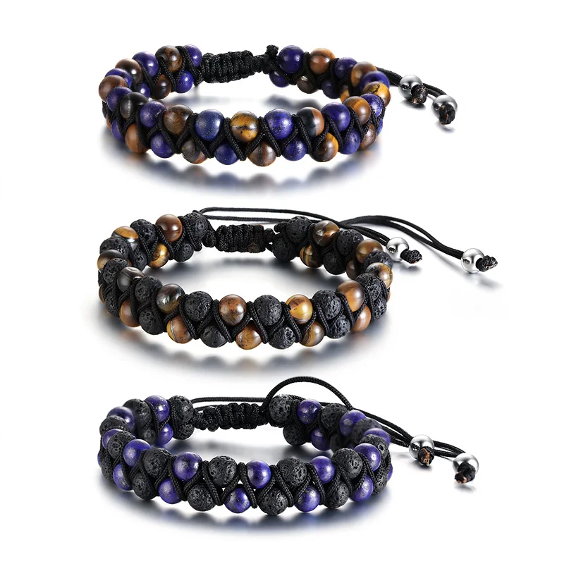 

17-35CM adjustable length Tiger Eye And Lapis Lazuli Beads Bracelet For Men Adjustable Macrame Brazalet Two Row Brazalete Gift