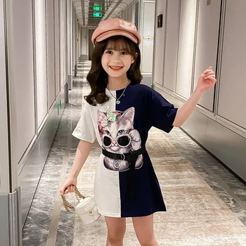 

Girls Straight Casual Dresses Cat Pattern Sashes Children's Clothing for Girl 3-13 years old Kids Clothes Summer Princess Dress