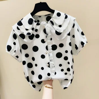 

Lace Panel Doll Collar Polka Dot Short Sleeve Chiffon Shirt Female 2020 Summer Korean Style Loose Top Fashion Blouse Blusas