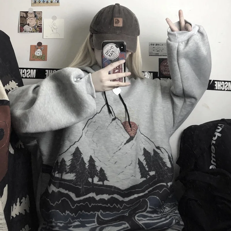 Woherb толстые толстовки для женщин Harajuku негабаритных толстовка японский мультфильм горный студентов длинный стиль Дамы Винтаж кофты