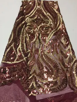 

New Sequins Lace Fabric High Quality Wine Red African French Tulle Lace Fabric Embroidery For Sequins Lace Nigeria Party Dress