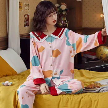 

Pajamas For Women Autumn New Cotton Ladies Lovely Cartoon Color Resin Printed Pajamas Leisure Home Wear Set