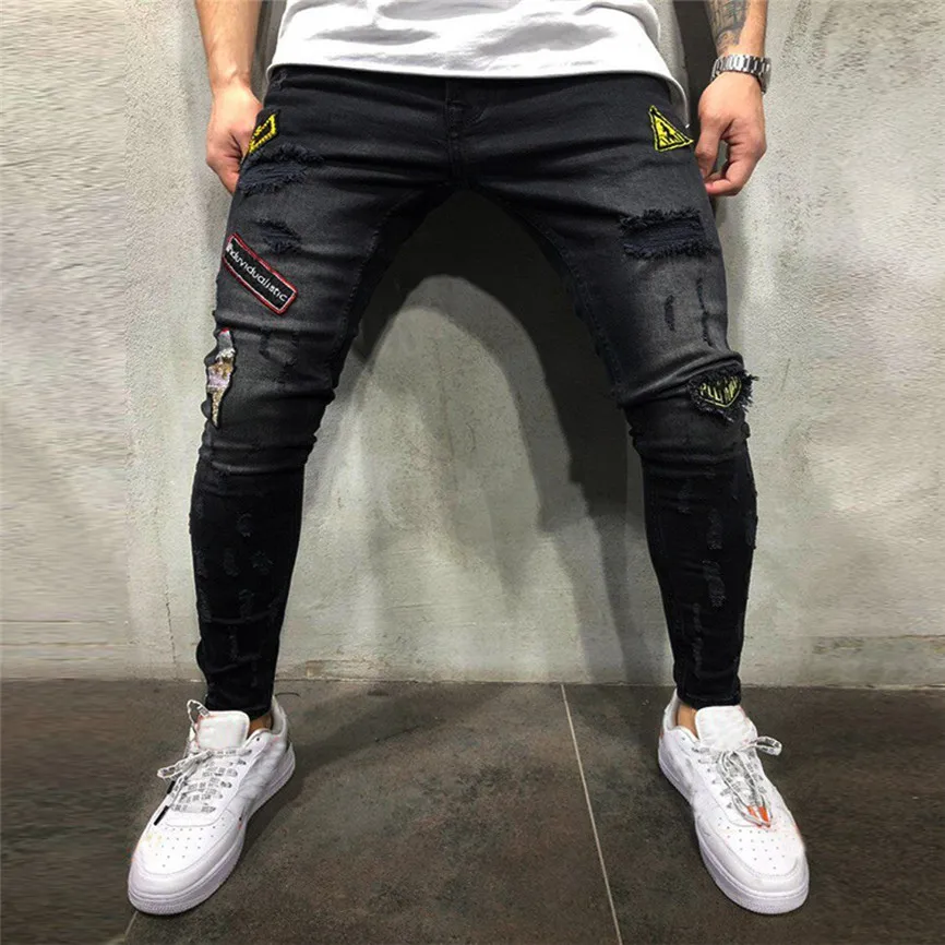 Джинсы мужские Весна мужская одежда состаренные джинсы Freyed Slim Fit повседневные брюки рваные, Стретч джинсы