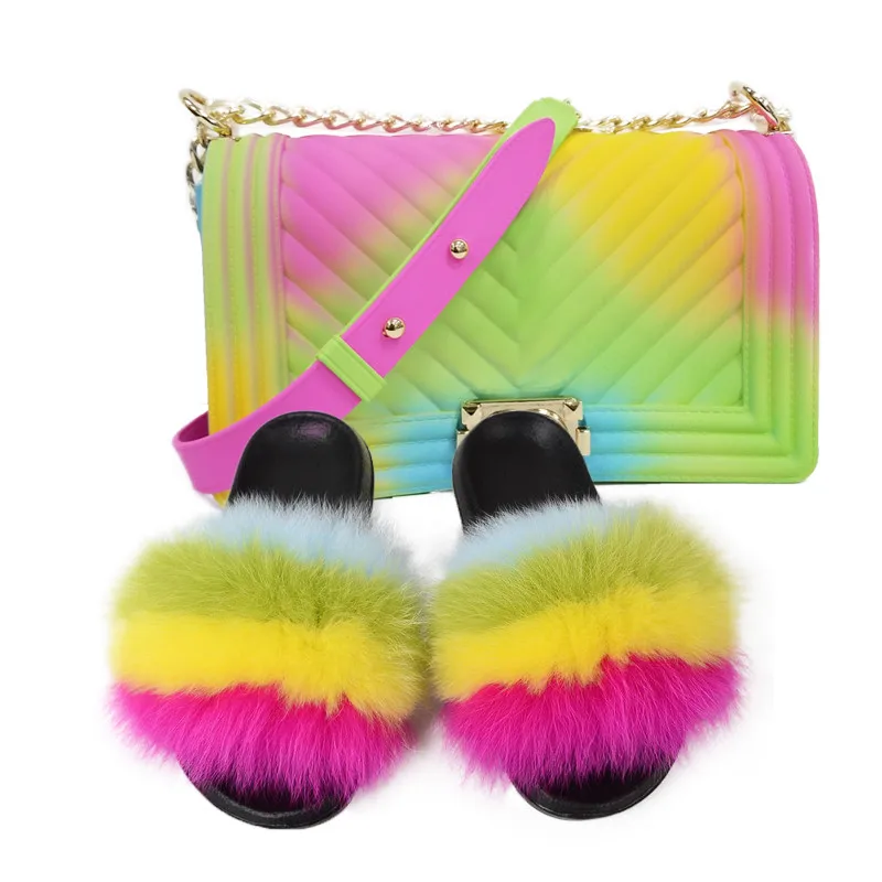 

100% Real Fox Fur Slippers Women Slippers Rainbow Shoe Cute Fur Flip Female Travel Furry Shoes Jelly Bags Set Fashion Bag
