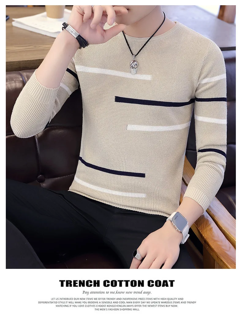MoneRffi Autumn Fashion Casual Men's Slim New Sweater O-Neck Striped Slim Fit Knittwear Mens Sweaters Pullovers Men Pull Homme