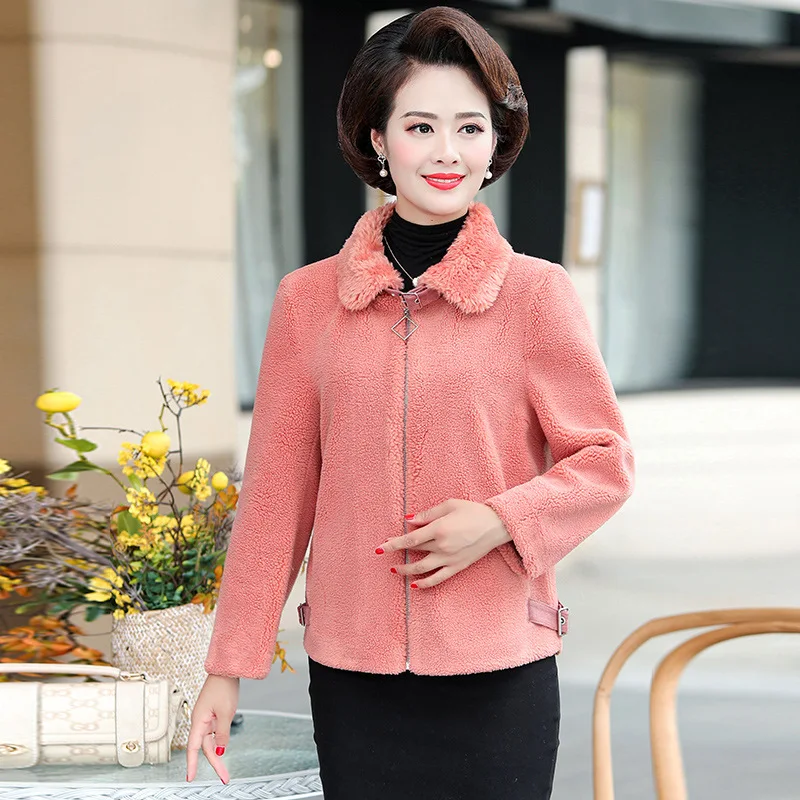 

Middle-aged Women's Winter Short Sheep Shearing Coat Western Style Mom Autumn And Winter plus Velvet Jacket Middle-aged Woolen o