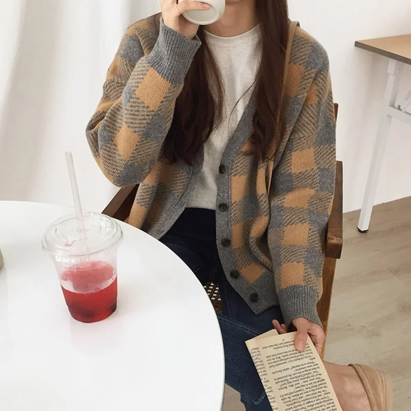 Женский кардиган Harajuku, клетчатый кардиган, свитер, пальто, женский свитер, женский зимний - Цвет: Цвет: желтый