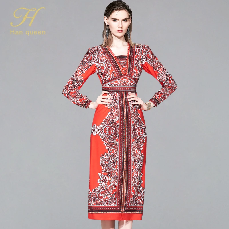 

H Han Queen Autumn Printing Beach Dress Women 2019 Long Swing A-line Dresses Long Sleeve Work Casual Sexy V-neck Boho Vestidos