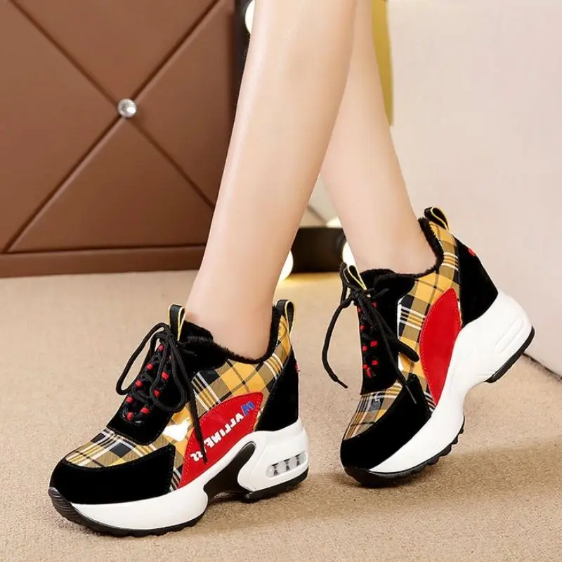 Coolcept Winter Warm Sneakers Thick Bottom Shoes Cross-Tied Plaid Flock Platform Hidden Boots Pattern Ladies Footwear Size 35-40