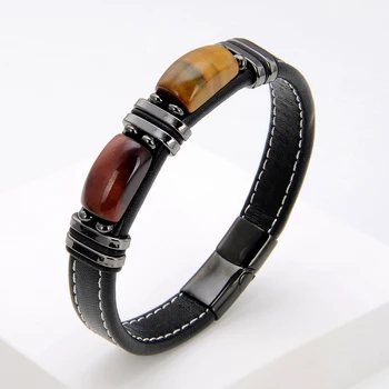 YISHUCHA Genuine Woven Leather Men's Bracelet Trendy Stainless Steel Geometric Tiger Eye Bead Bracelet & Bangle Man Jewelry