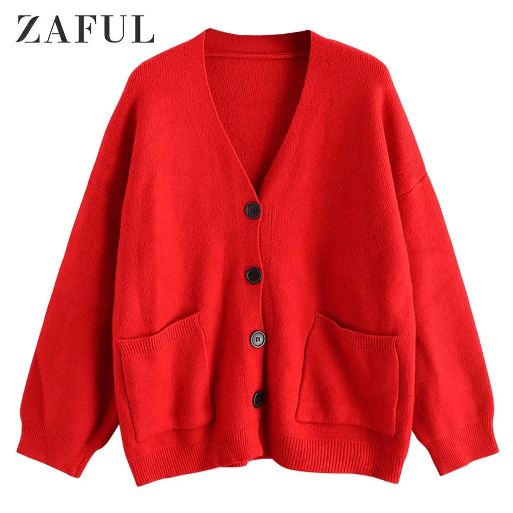 ^Cheap ZAFUL V Neck Solid Pockets Cardigan Women's Sweaters Drop Shoulder Buttoned Loose Plain Tops Full Sleeves Autumn Daily Casual ^Cheap ZAFUL V Neck Solid Pockets Cardigan Women's Sweaters Drop Shoulder Buttoned Loose Plain Tops Full Sleeves Autumn Daily Casual