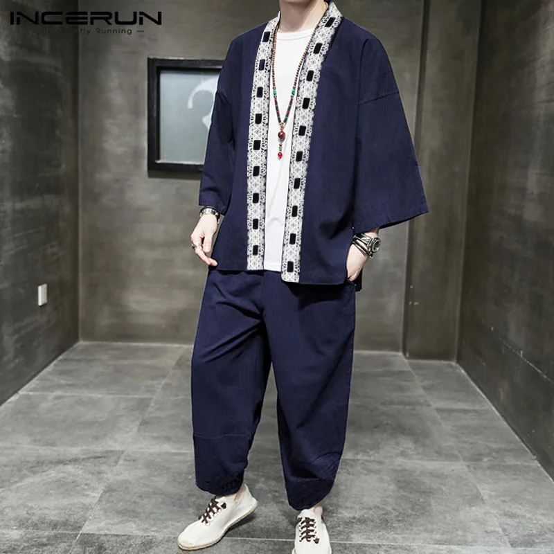 INCERUN Chinese Style Men Sets Lace Patchwork Long Sleeve Open Stitch Shirts Cardigan Elastic Waist Pants Vintage Mens Suits 5XL INCERUN Chinese Style Men Sets Lace Patchwork Long Sleeve Open Stitch Shirts Cardigan Elastic Waist Pants Vintage Mens Suits 5XL