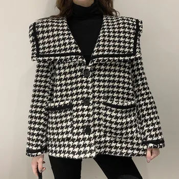 

Winter Women Coat Female Plaid Jacket Small Fragrance Tweed Lapel Long Sleeve Tops Loose Plus Size Coats
