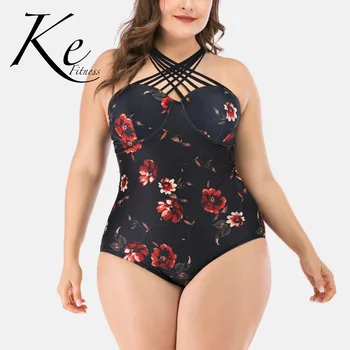

KE New Collection 2020 black flowers swimsuit 1 piece crosed neck woman swimwear shoulder striped summer fashion sexy lady