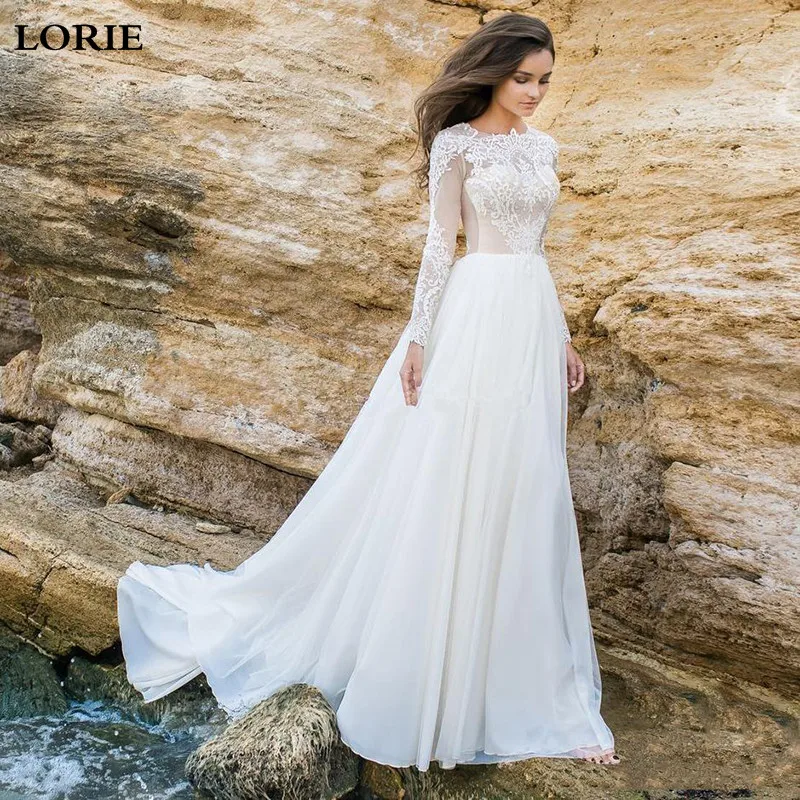 LORIE Boho Свадебное платье трапециевидной формы с длинным рукавом Robe de mariee винтажное кружевное свадебное платье с аппликацией шифоновые свадебные платья