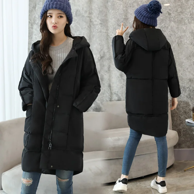 

Cotton-padded Clothes/Cotton Coat Pure Black Zipper Straight-Cut Hooded Long Sleeve Mid-length 2018