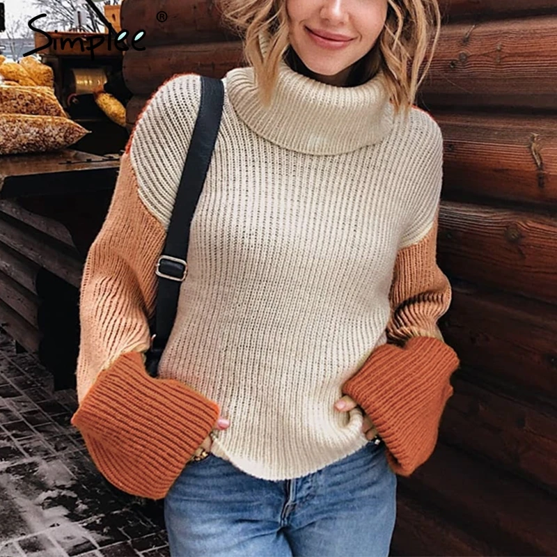 En Ligne Simplee Patchwork col roulé tricoté chandails femme décontracté à manches longues coréen pull pull femmes streetwear dames pull