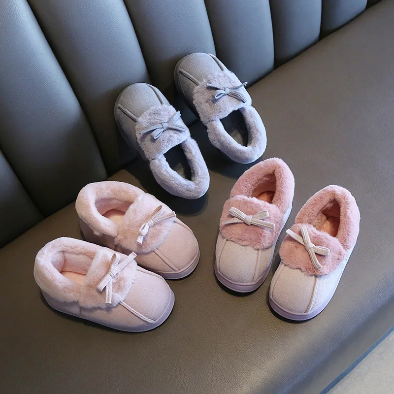 

Children Slippers Winter Boys And Girls Cotton Slippers Kids Bow Warm Indoor Slippers Baby Plush Cotton Boots