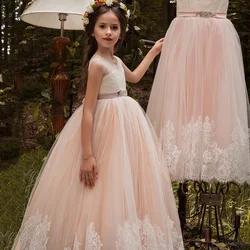 2021 Pink/Blue Flower Girls Dress Lace Ribbon Sash A Line Floor Length Cut-out First Communion Dresses for Kids Toddlers