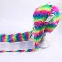 Women Rainbow Stripes Furry Animal Hoodie Hat Fluffy Plush Ears Paws 3 In 1 Earflap Cap Scarf Gloves Mittens Warmer 2