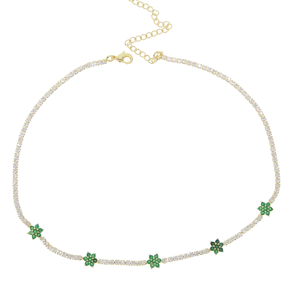 Новое поступление, элегантная тонкая цепочка для тенниса с фианитами, пастельный цветной цветок маргаритки, очаровательный женский браслет, ожерелье, ювелирный набор - Окраска металла: green necklace