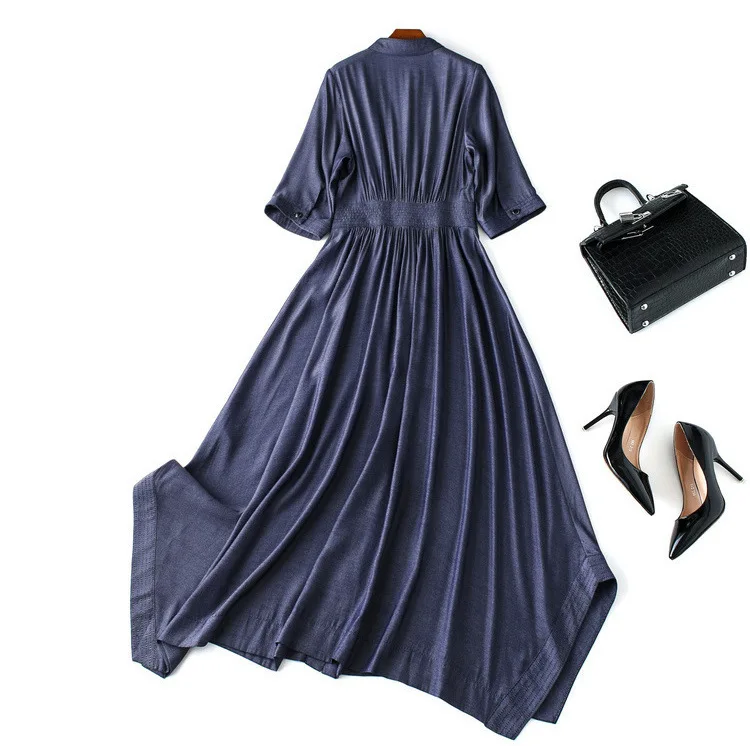 Джинсовая ткань, Tencel платье осень с отворотом однобортное с коротким рукавом открытое длинное платье