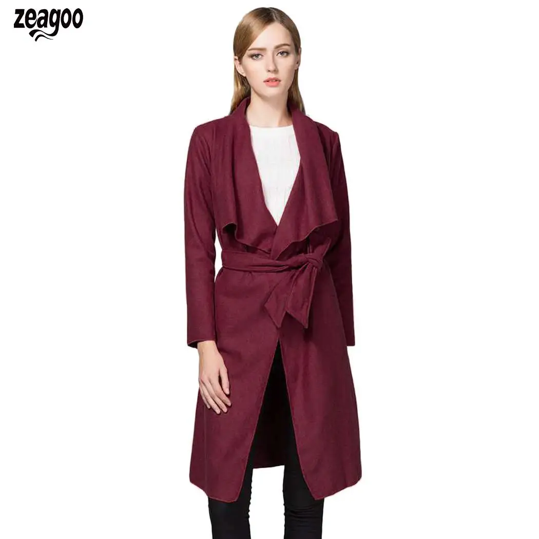 New Fashion Women Casual Turn-down Collar Solid Windbreaker with Belt Asymmetrical Hem Design, Front Open