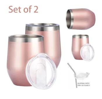 

QUEENBAR Wine Tumbler Set Of 2 With Lid AND Straw Mug Set For Coffee, Cocktails, Ice Cream, Tea