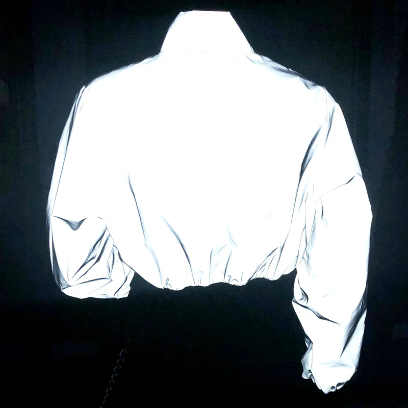 awesome  Hip Hop Reflective Crop Jacket Streetwear Buckle Patchwork Winter Jackets Women Zipper Up Long Slee