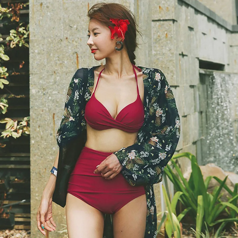 

New Style Korean-style Two-piece Swimsuits Women Red-High-waisted Underwire Push up Split Type Bikini Slimming Hot Springs Bathi