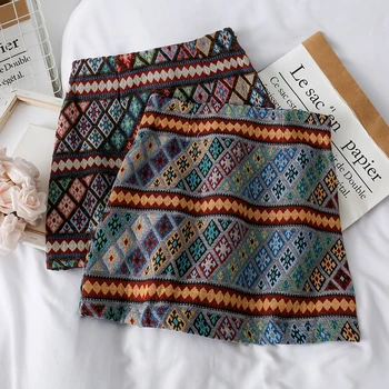 

Autumn and winter 2019 national style retro printing high waist thin A-line skirt women's new slim slim wrap hip skirt