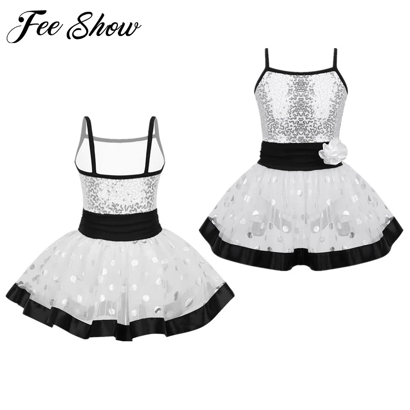 

Kids Teens Spaghetti Straps Sequin Flower Polka Dots Mesh Girls Tutu Ballet Dress Gymnastics Leotard Performance Dance Costumes