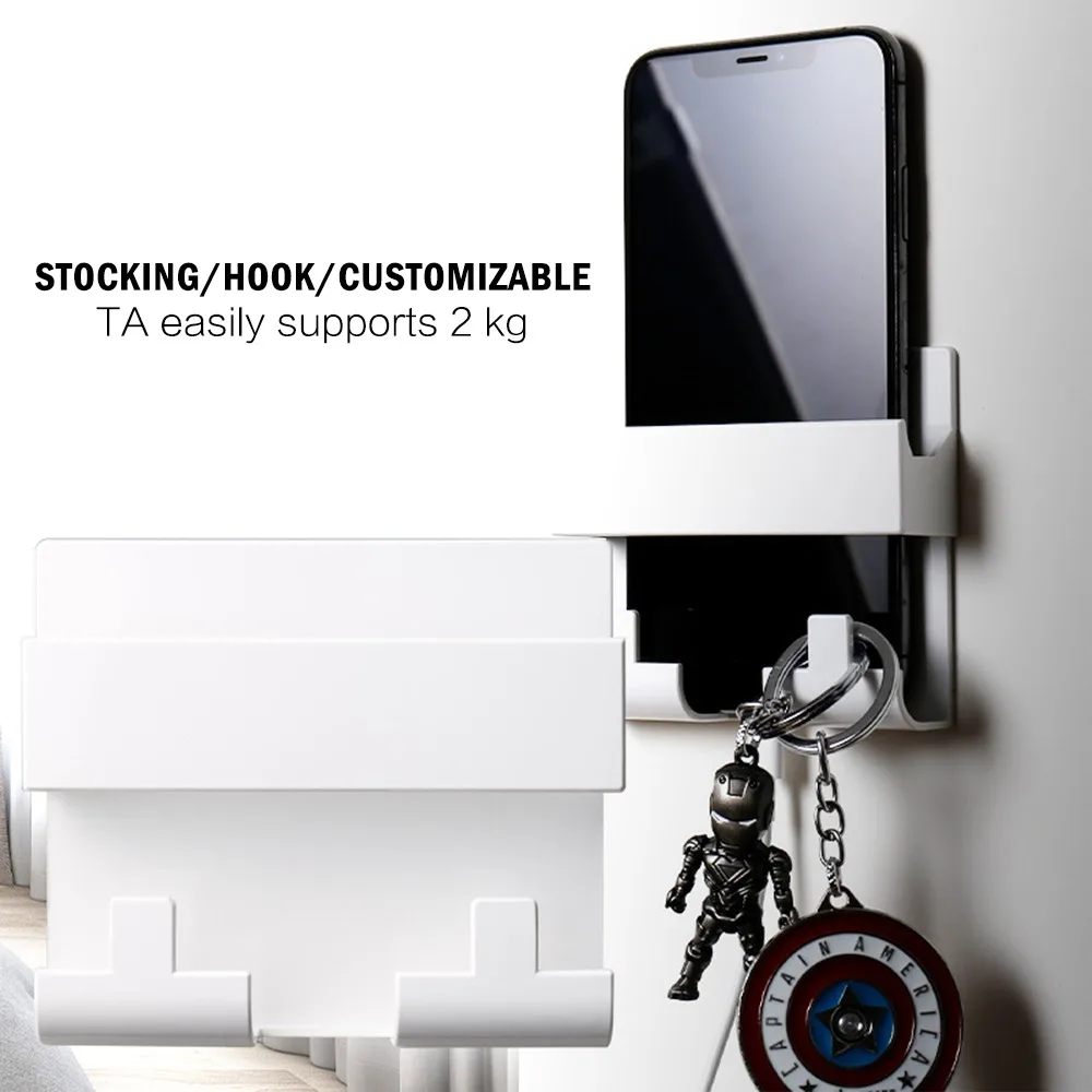 Wall Mounted Organizer Storage Box Remote Control Mounted Mobile Phone Plug Wall Holder with Hook Multifunction Holder Stand 1PC phone holder wall mounted storage box wall mounted organizer remote control holder