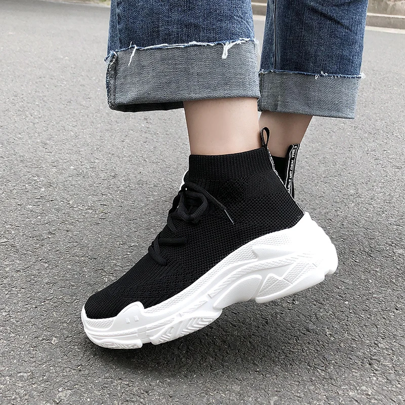 Bjakin Breathable Women Stretch Fabric Socks Outdoor Women Sports Shoes Platform Elastic Sneakers High Top Female Walking Boots