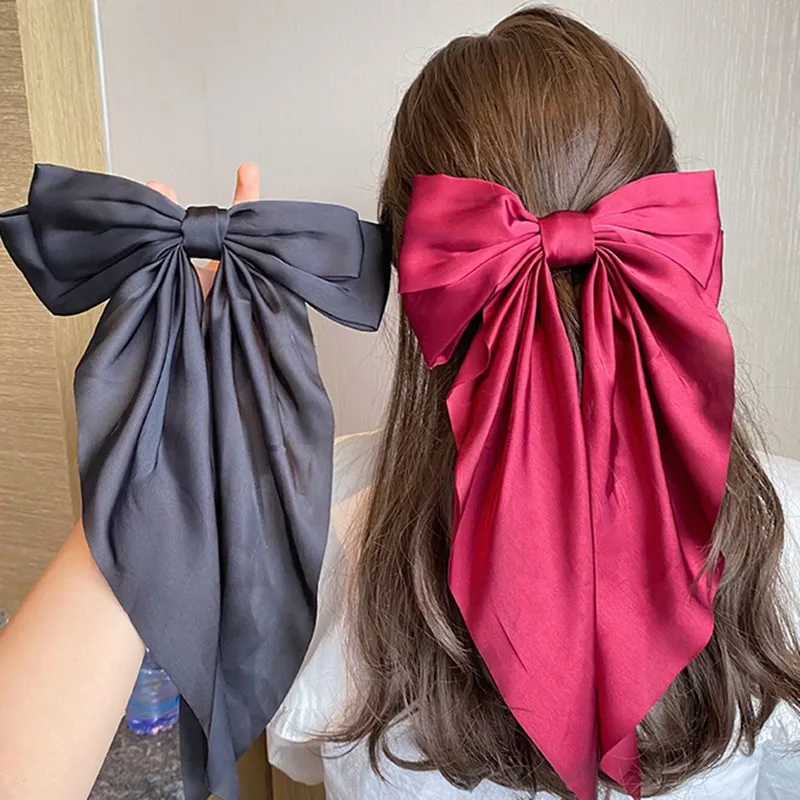 Solid Color Two-layers Oversize Barrettes Bows Hair Clip Silk Satin Bowknot Ribbon Hairpins For Women Ponytail Hair Accessories