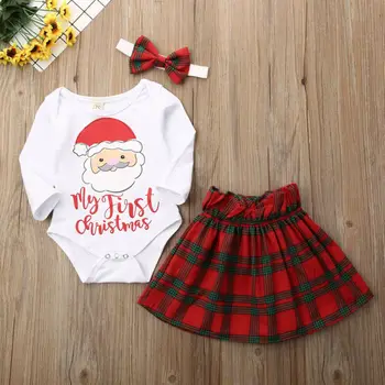 

My 1st Christmas Baby Girl Clothes Santa Clause Printed RomperLong Sleeve Bodysuits +Red Plaid Skirt 3PCS Xmas Outfits 0-24M