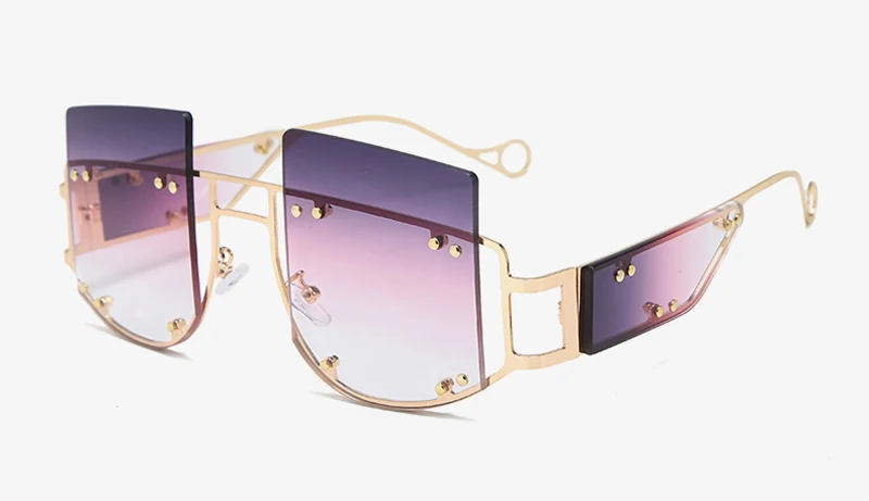 purple pink lens Квадратные негабаритные солнцезащитные очки Peekaboo, боковые щитки, Мужские Винтажные Солнцезащитные очки с золотыми металлическими заклепками для женщин, полуоправа, лето - Цвет линз: purple pink lens