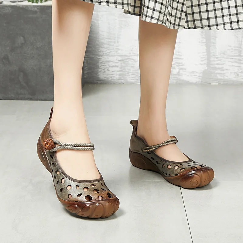 

2019 New Style WOMEN'S Shoes Cool Toe Holder Breathable Hollow out Casual Retro Shoes Genuine Leather WOMEN'S Wedge Shoes