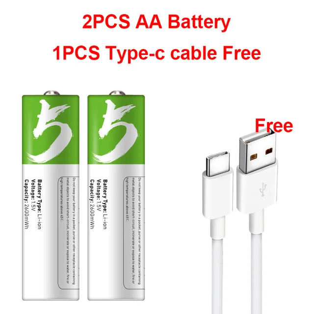 High capacity 1.5V AA 2600 mWh USB rechargeable li-ion battery for remote control mouse small fan Electric toy battery + Cable 2 PCS AA and cable