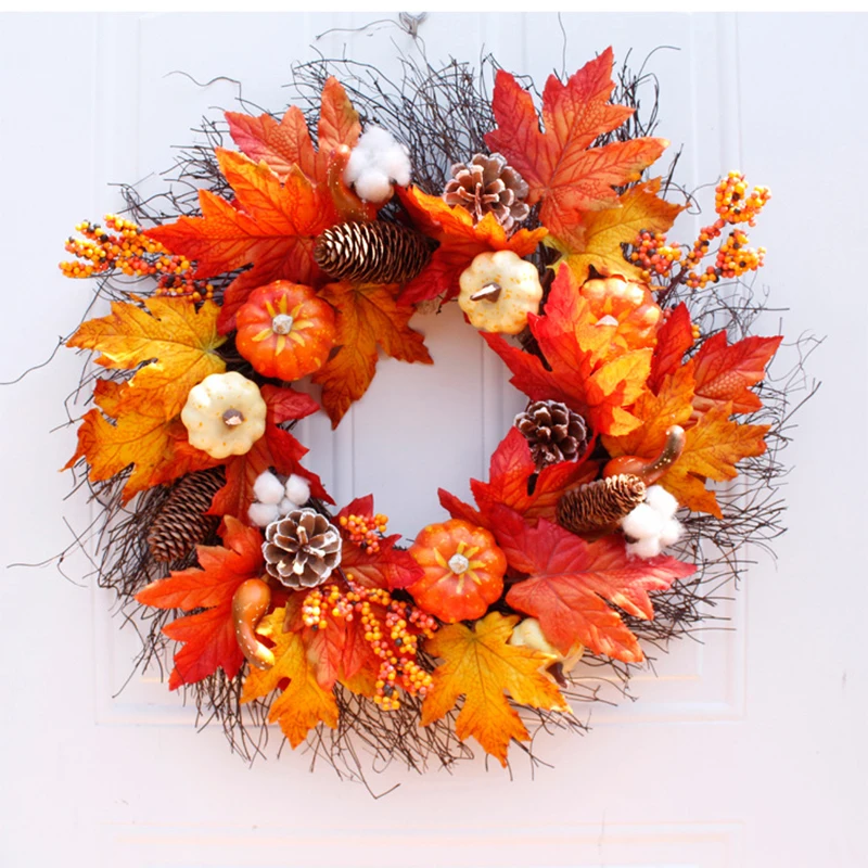 Artificial Pumpkin Wreath Autumn maple leaves Door Wall Ornament Garland Fake for Halloween Party Decoration | Дом и сад