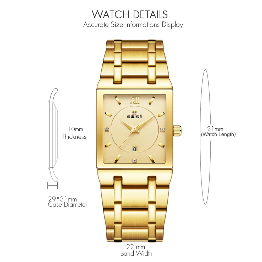 SWISH Luxury Golden Watches Women Creative Square Design Wristwatch Ladies Bracelet Quartz Watch Zegarek Damski Relogio Feminino