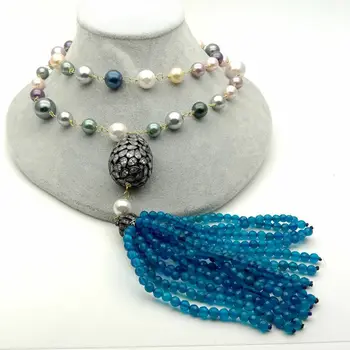 

19'' 2rows Multi Color Sea shell Pearl Necklace CZ Blue Agate Pendant