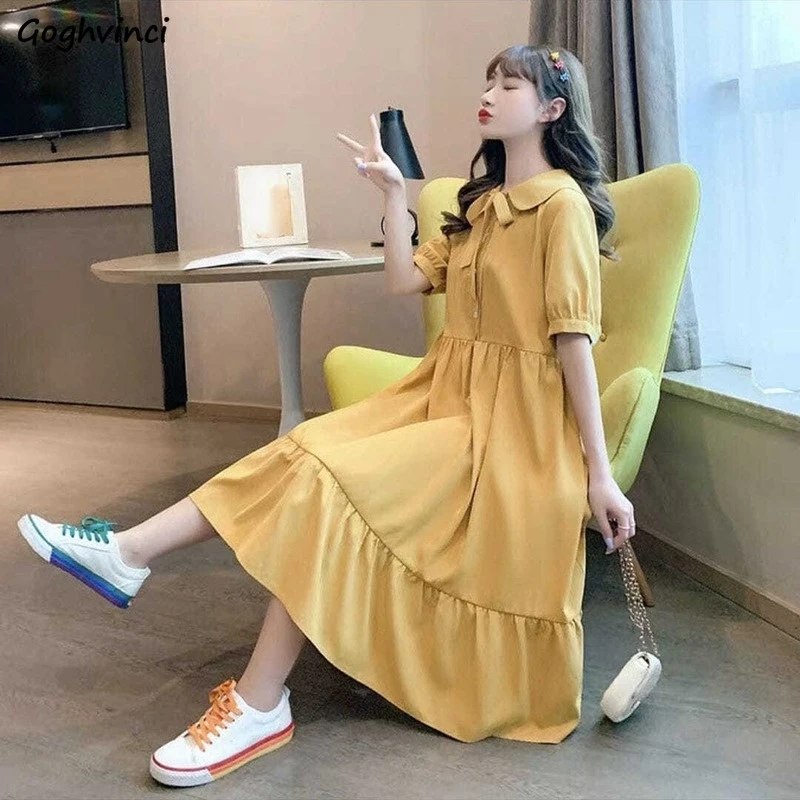 Dress Women Sweet Ulzzang Loose Fashion Peter Pan Collar Ladies A-Line Dresses College Holiday Vacation Simple Womens Vestidos dress shops