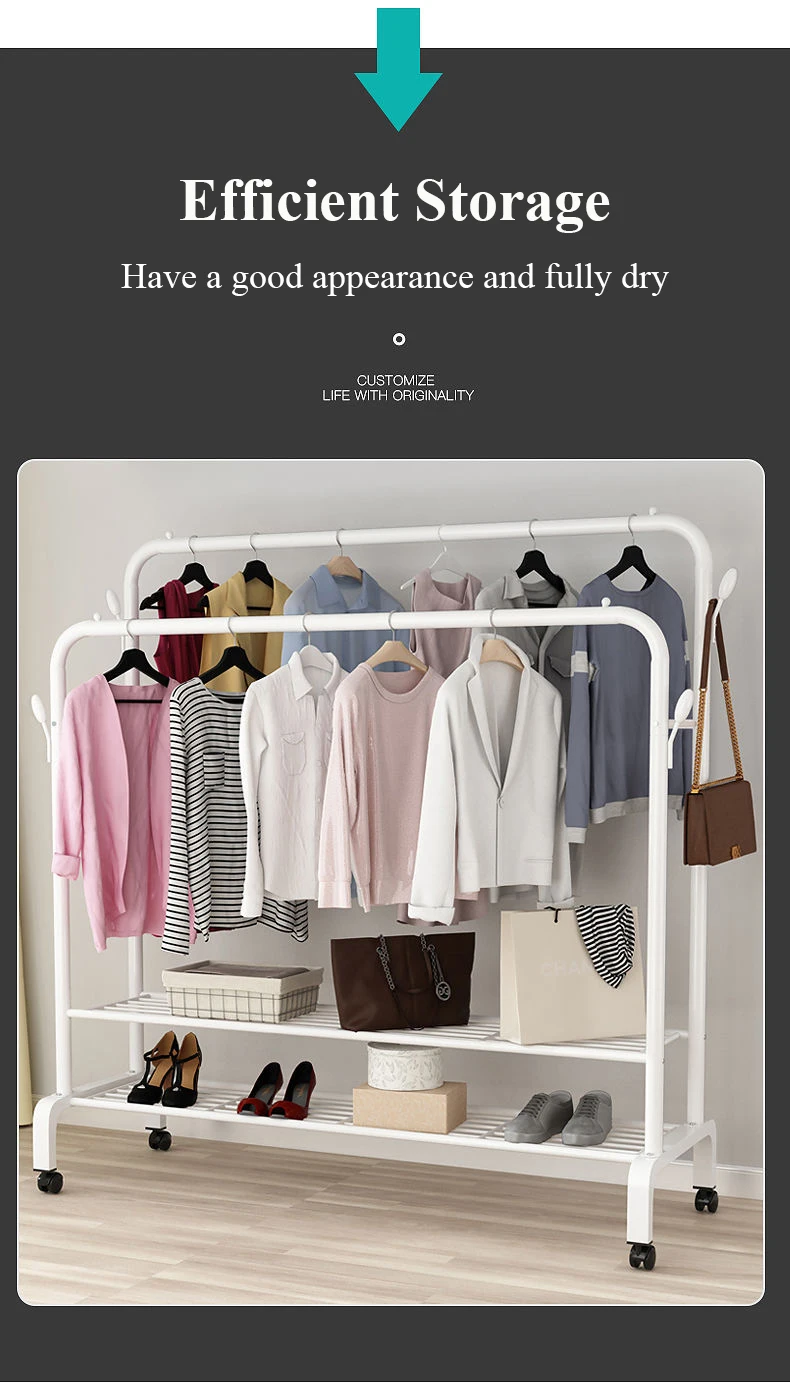 Garment Rack Floor Standing Clothes Hanger Double Pole Coat Rack Wardrobe Clothing Drying Rack Mobile Cloth Rail Home Furniture