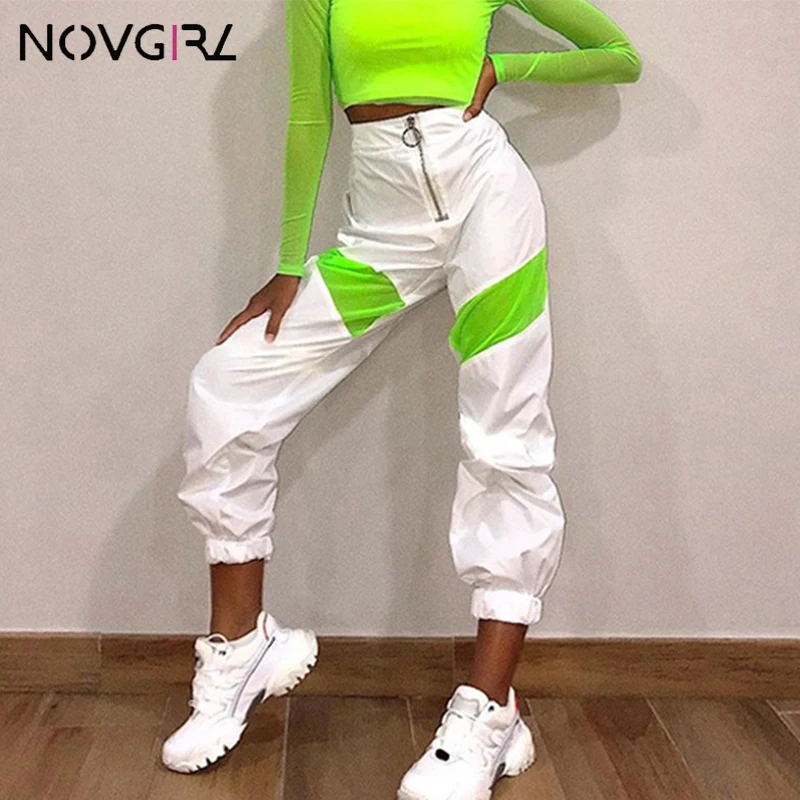 Novgirl/женские брюки-карго на молнии с высокой талией; коллекция года; модные неоновые зеленые мешковатые Джоггеры в стиле пэчворк; брюки для девочек; уличная одежда; свободные брюки - Цвет: Зеленый