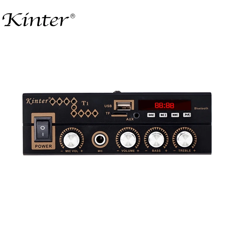 Kinter T1 мини усилитель аудио hi-fi стерео звук AC мощность DC 12 В с AUX TF USB MIC вход дистанционное управление супер бас высокие частоты